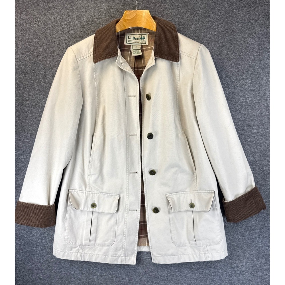 LL Bean Adirondack Barn Jacket Womens S Tan Flannel Lined Corduroy Collar Coat